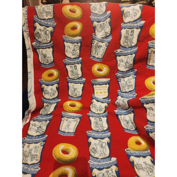 Nick & Nora Greek Coffee Cup NYC Flannel Fabric 2.4 Yds Red Bagels Anthora Print - Picture 1 of 8